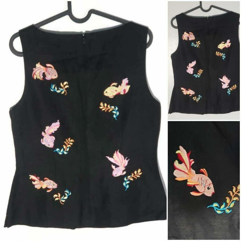 Natural‎ Instincts Womens Blouse Black Pink Fish Embroidered Lined Zipper 6